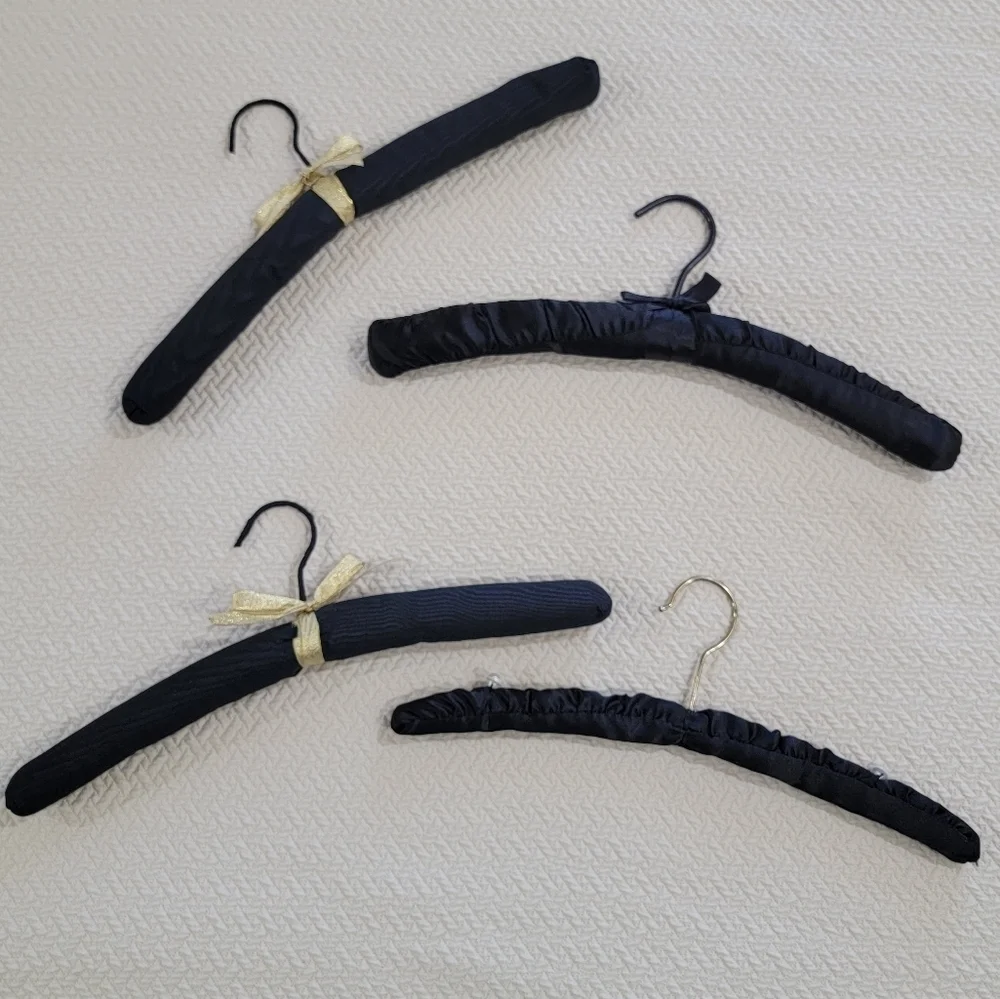 Set of Vintage Black Satin Padded Hangers with Gold And Pearl Accents